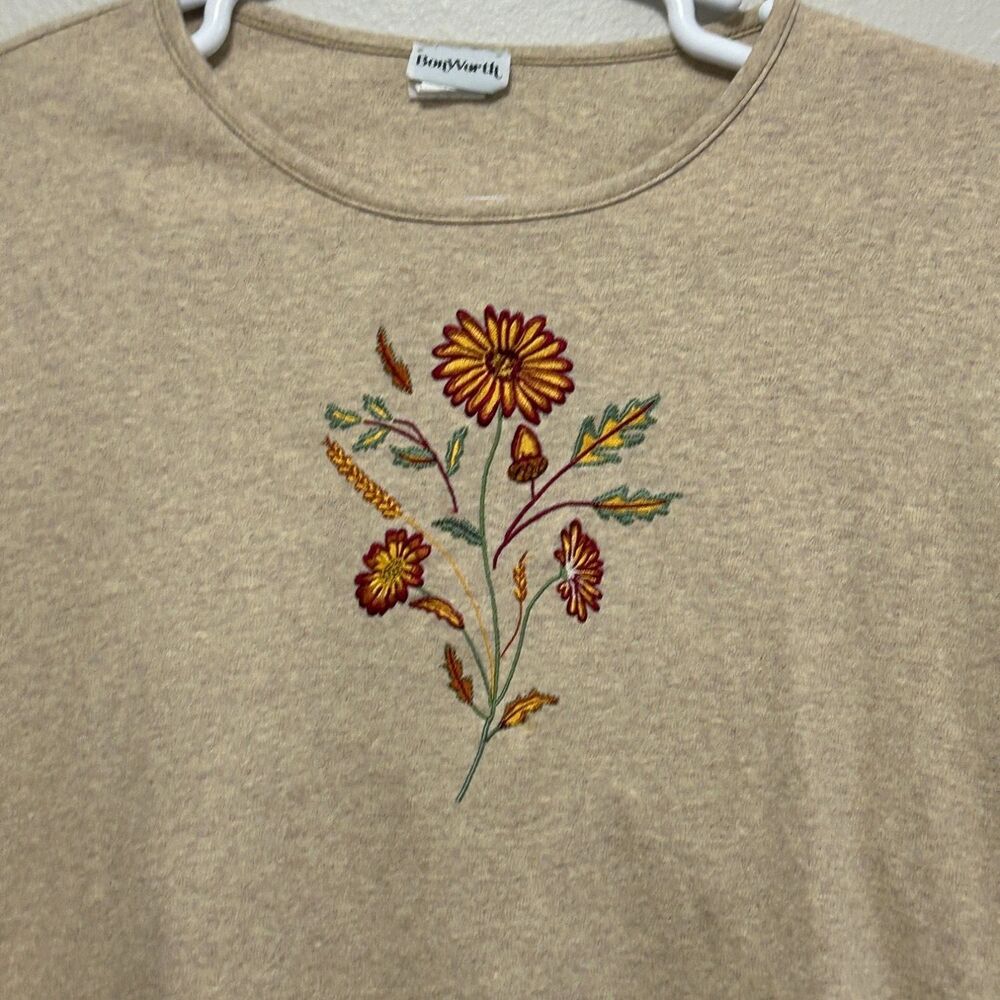 BonWorth Womens XL T Shirt Tan Floral Embroidered Long‎ Sleeve Casual 32234 Used